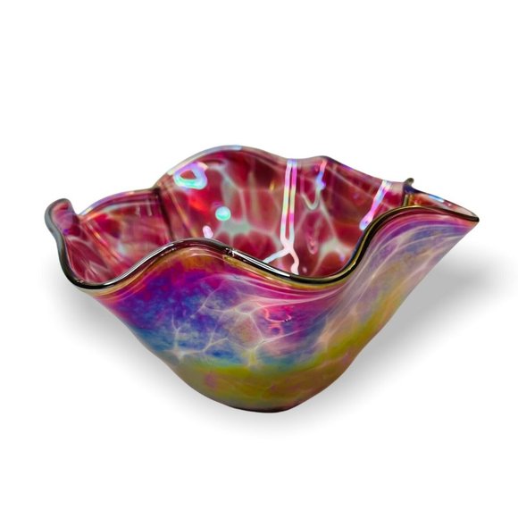 Glass Eye Studio Hand Blown Art Glass Bowl Iridescent Pink Purple Ruffled Edge - Picture 2 of 10